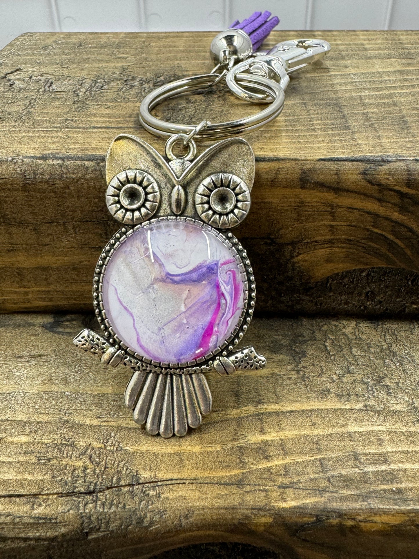 Hand dipped fluid art owl keychain